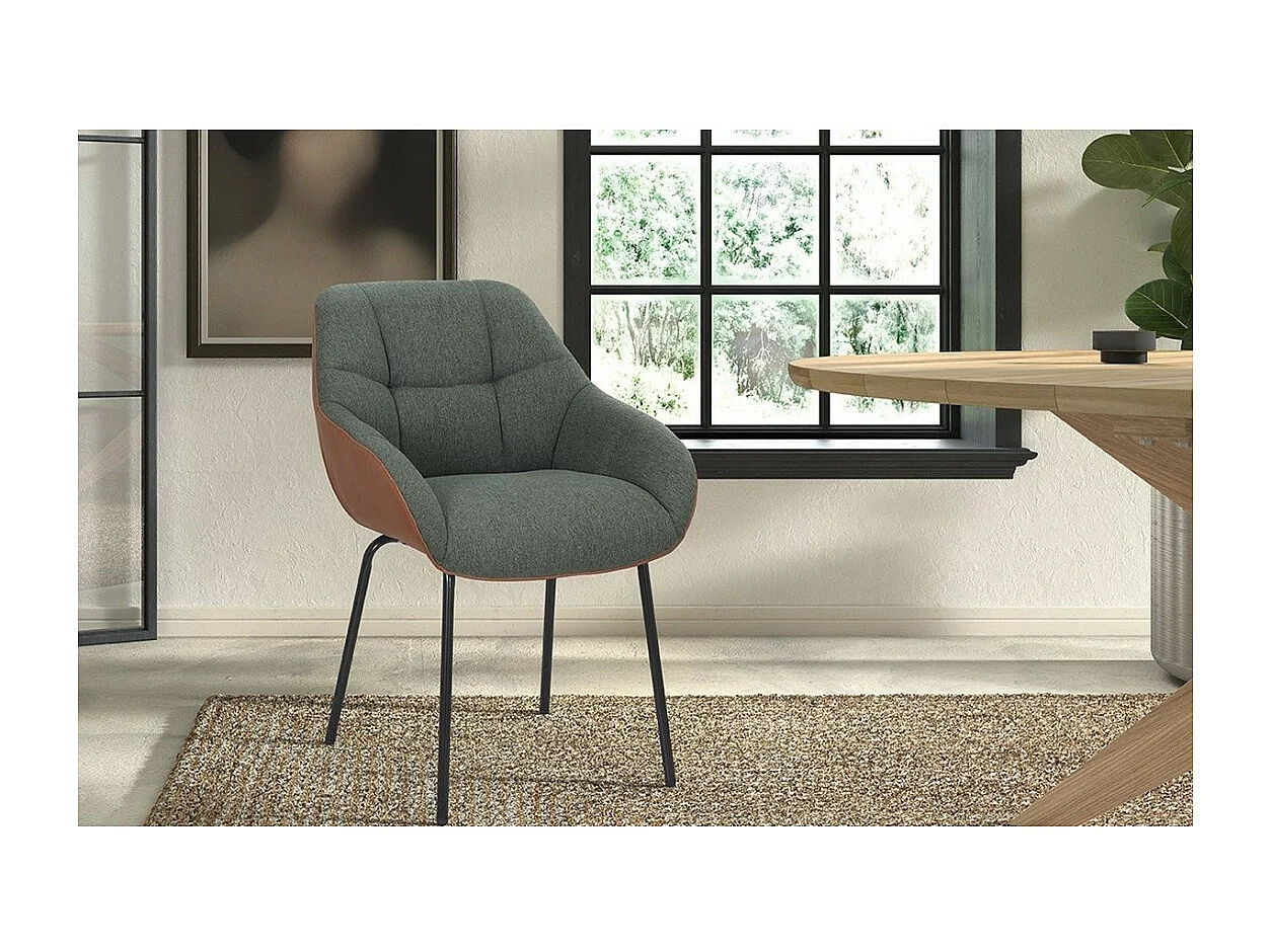 Chaise SAM Tissu Vert Dos PU Cognac, dimension H85 x L57.5 x P65, idéal pour votre cuisine ou salle à manger