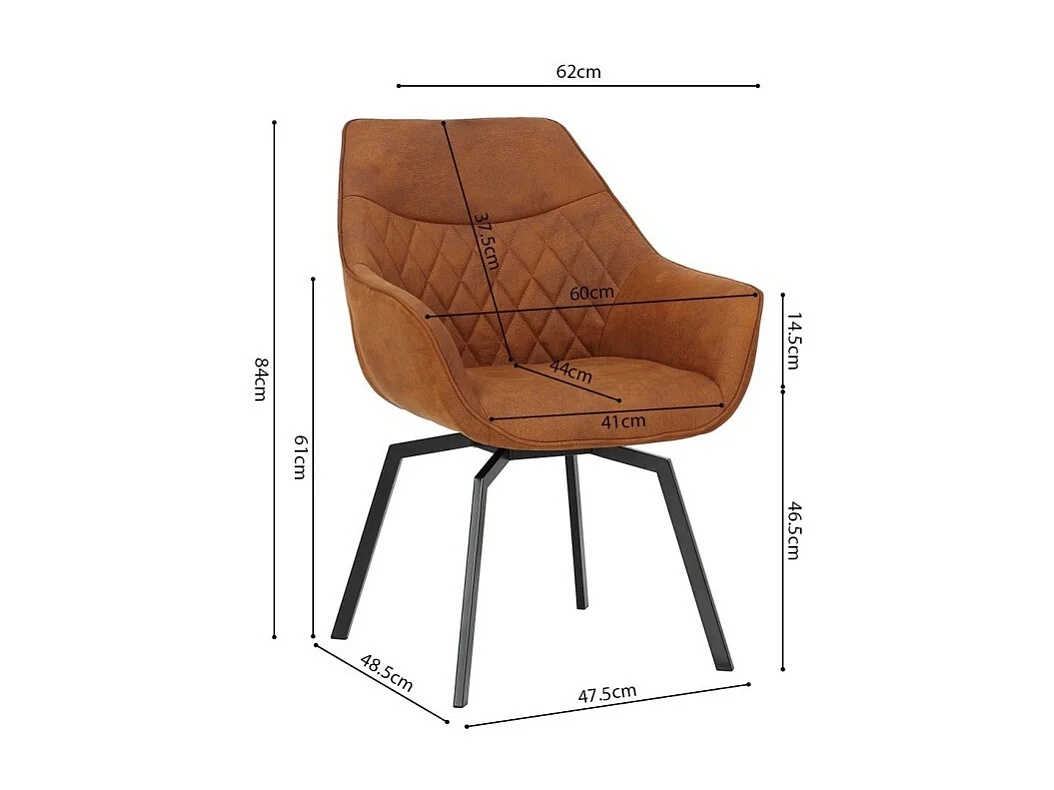 Chaise DORA PU Micro fibre Cognac, dimensions: H84 x L59.5 x P62 cm, idéal pour votre cuisine ou salle à manger
