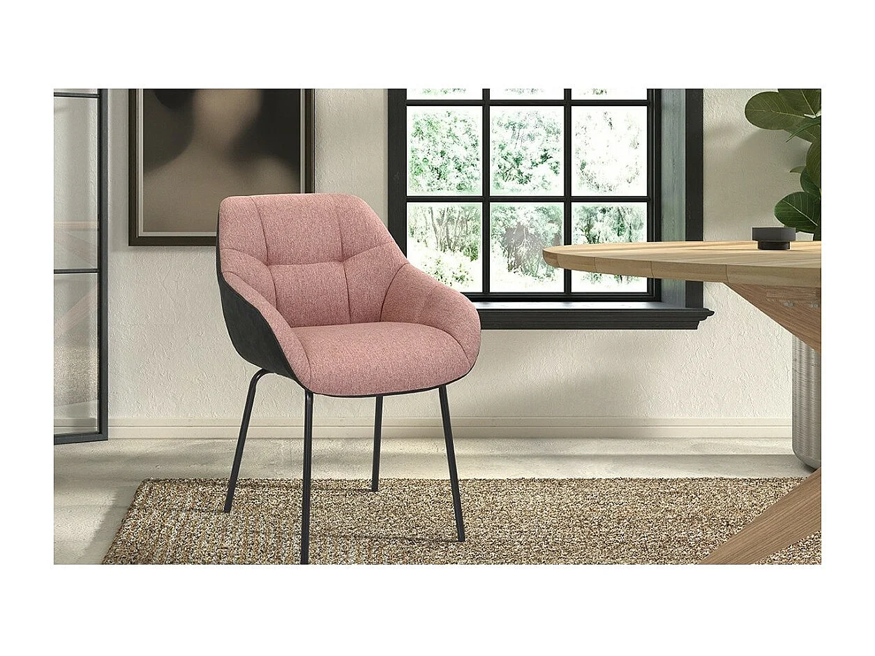 Chaise SAM – Tissu rose & dos PU gris foncé – Pieds métal noir – H85 x L57.5 x P65 cm