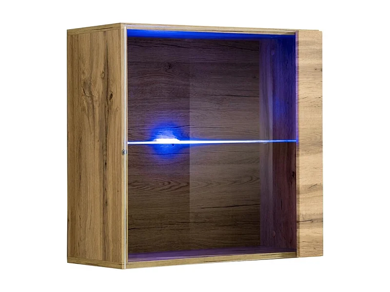 Quadratischer Hängeschrank in heller Eichenoptik mit 1 Glastür und inklusive LED-Beleuchtung. Kollektion SWITCH.