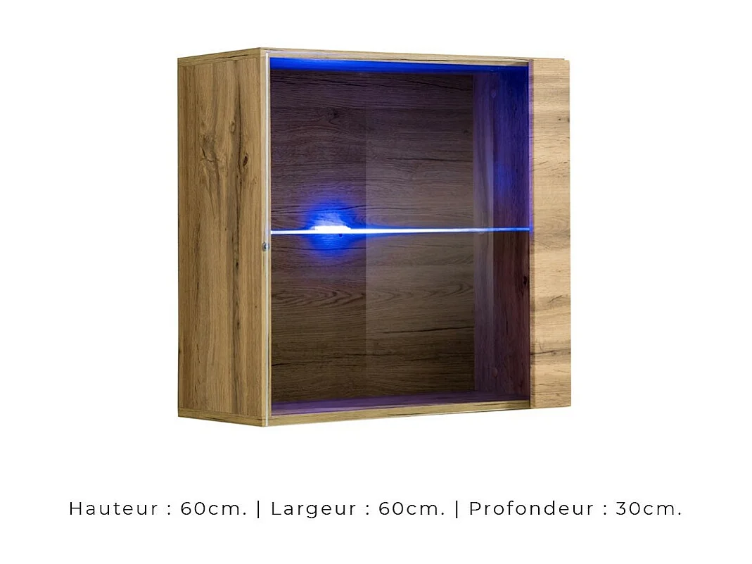Quadratischer Hängeschrank in heller Eichenoptik mit 1 Glastür und inklusive LED-Beleuchtung. Kollektion SWITCH.
