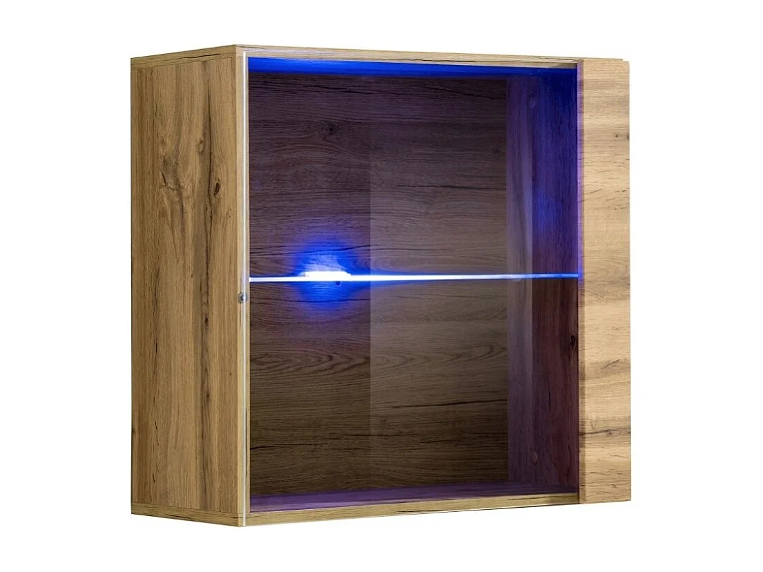 Quadratischer Hängeschrank in heller Eichenoptik mit 1 Glastür und inklusive LED-Beleuchtung. Kollektion SWITCH.
