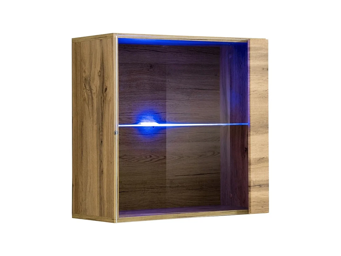 Vierkante hangende vitrinekast in lichte eiken kleur met 1 glazen deur en inclusief LED-verlichting. Collectie SWITCH.