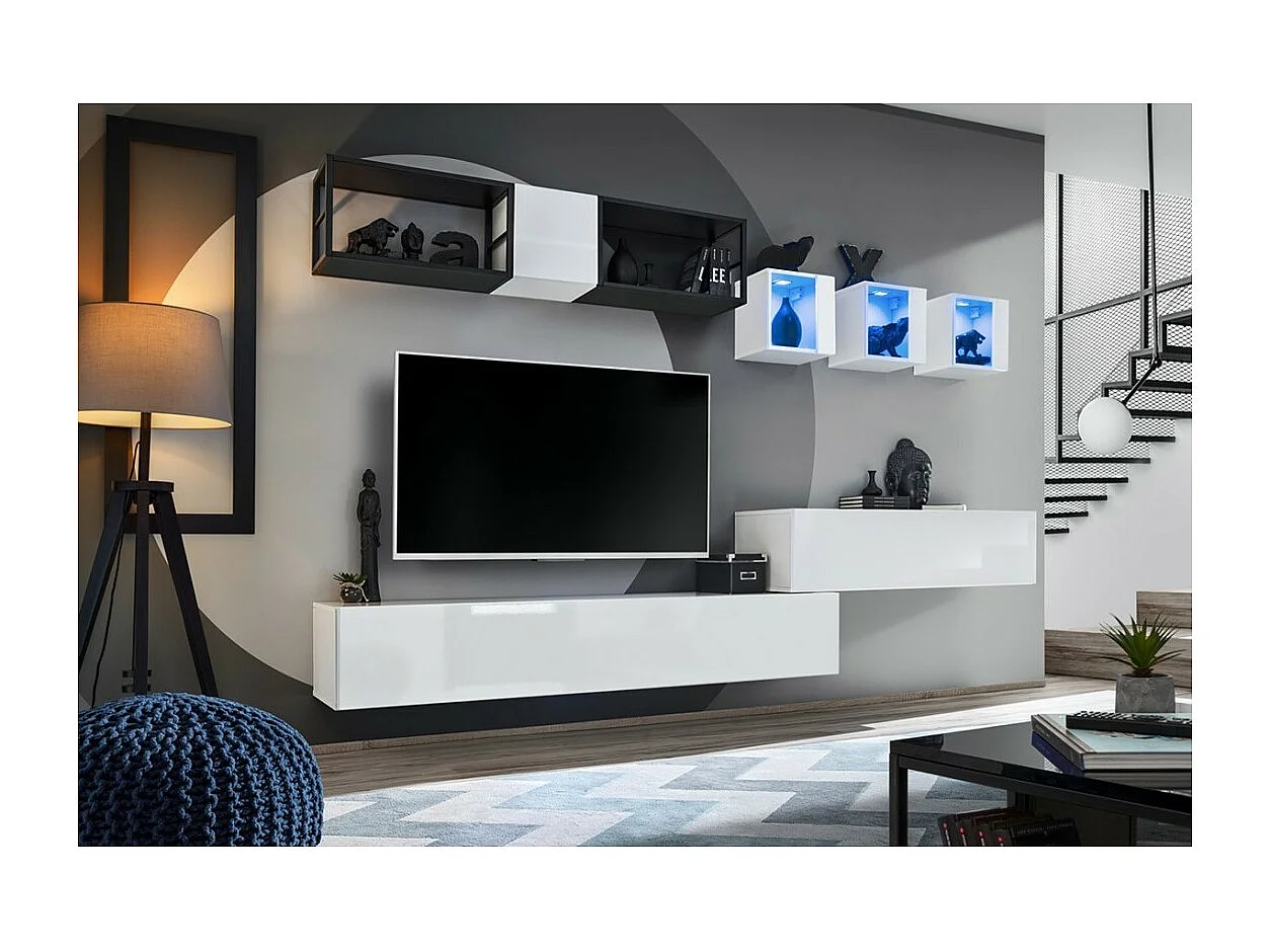 Vetrina quadrata sospesa – Bianco – Collezione SWITCH – Porta in vetro e LED inclusi – Design moderno