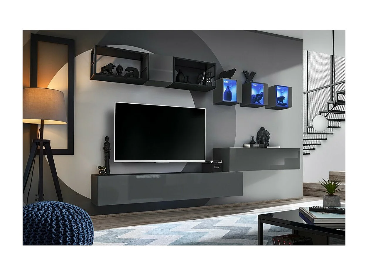 Vierkante hangende vitrinekast – Grijs – Collectie SWITCH – Glazen deur en LED inbegrepen – Modern ontwerp