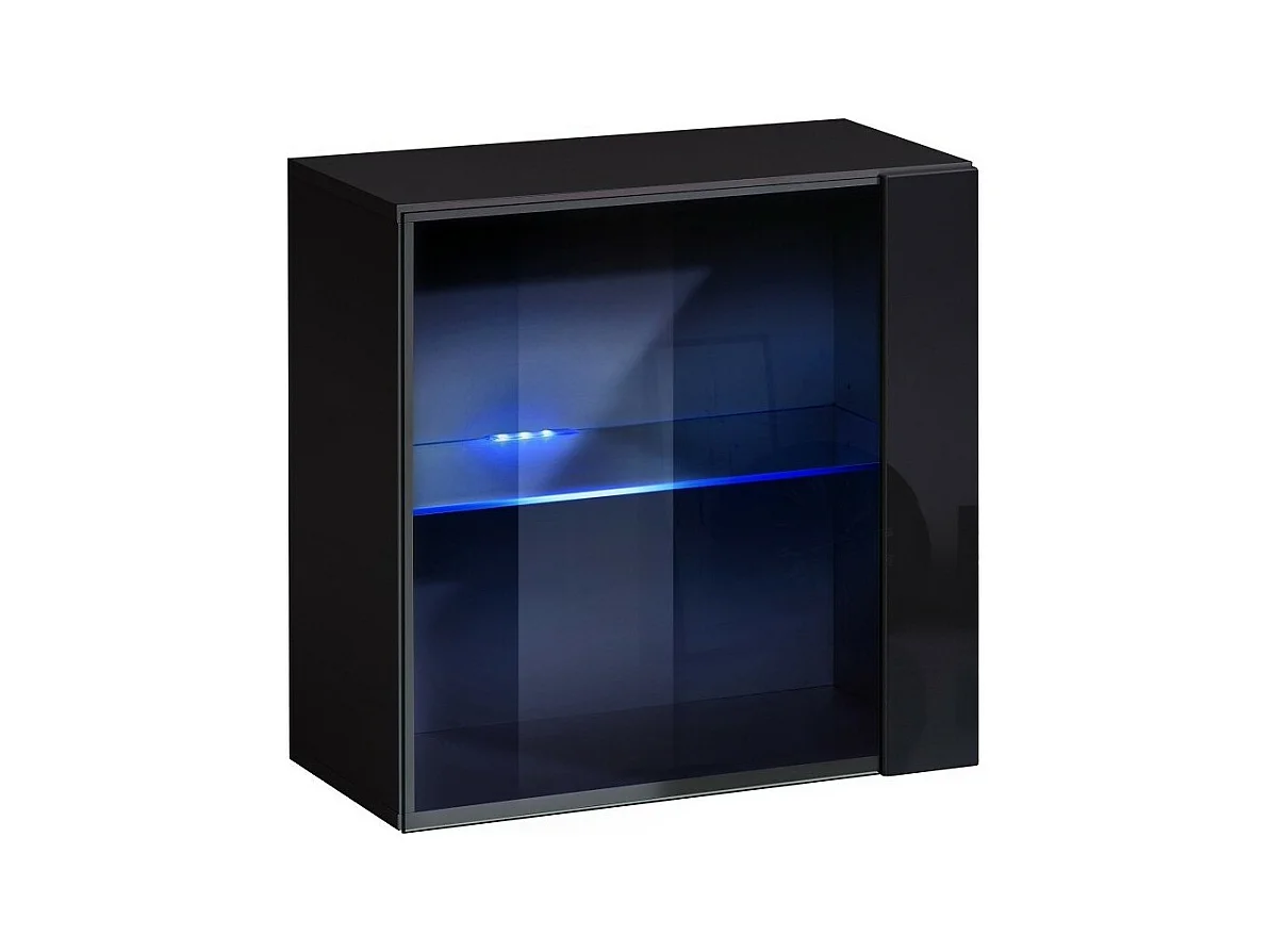 Zwarte vierkante hangende vitrinekast met 1 glazen deur en inclusief LED-verlichting. Collectie SWITCH.