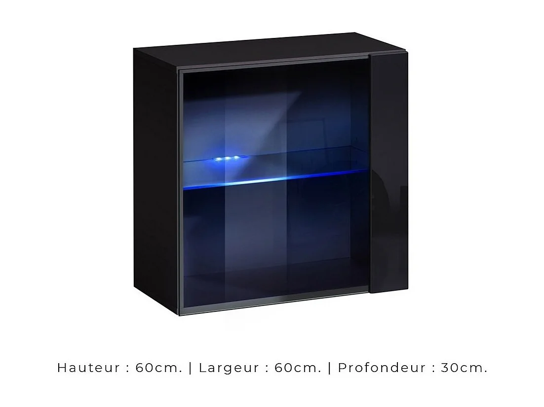 Vetrina nera quadrata sospesa con 1 porta a vetro e illuminazione LED inclusa. Collezione SWITCH.