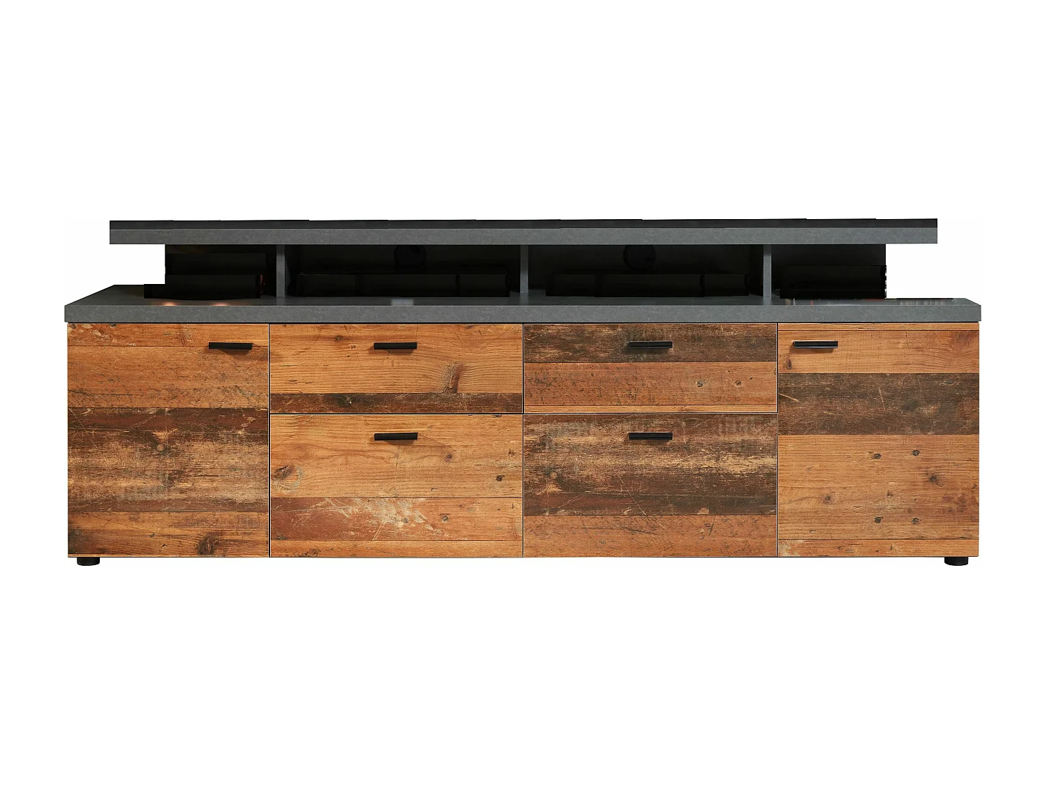 MOOD TVSchrank 2 Türen und 2 Schubladen – Gealtertes Holz und mattgraues Melamin – 180 x 47 x 66 cm