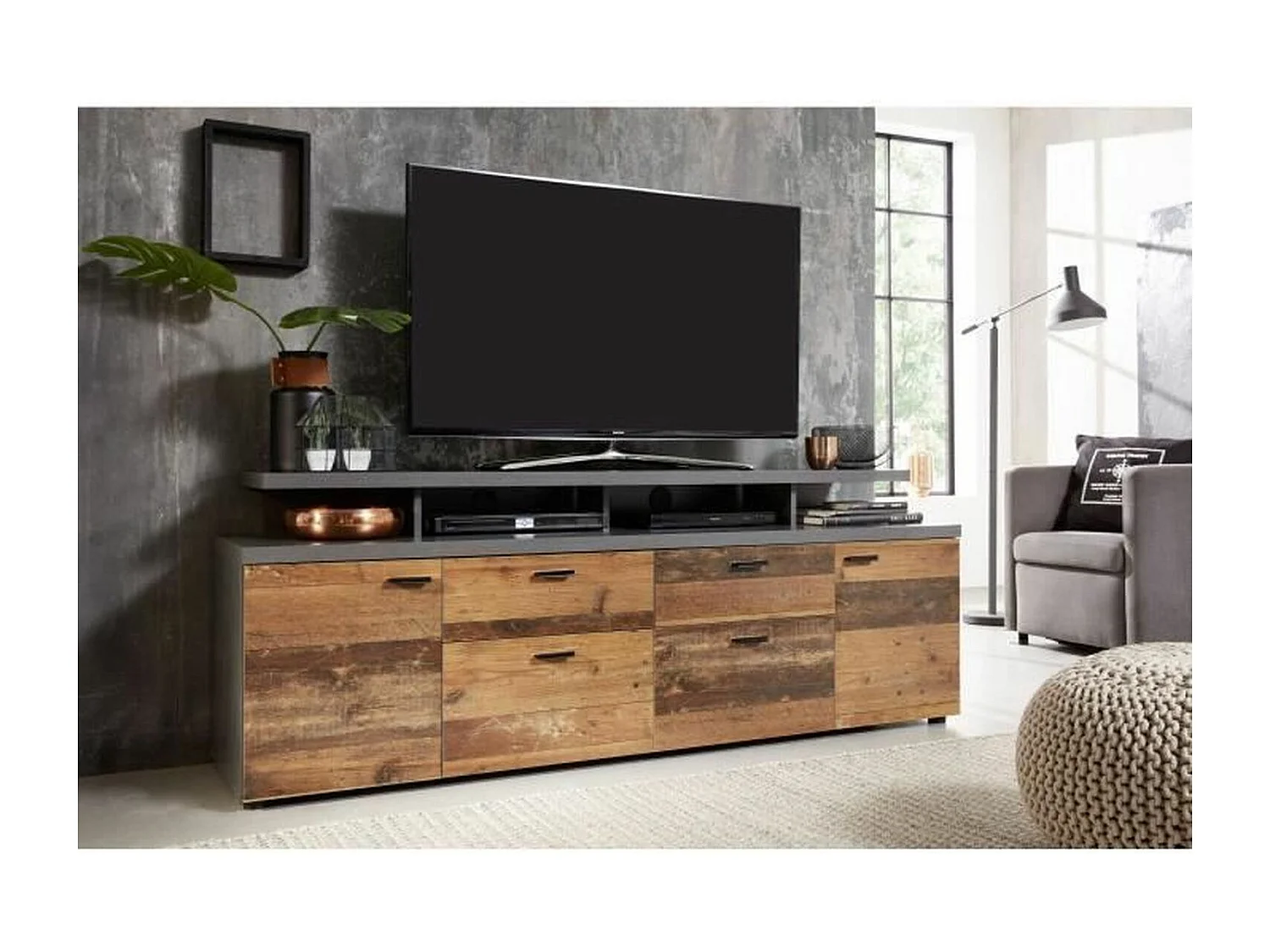 MOOD TVSchrank 2 Türen und 2 Schubladen – Gealtertes Holz und mattgraues Melamin – 180 x 47 x 66 cm
