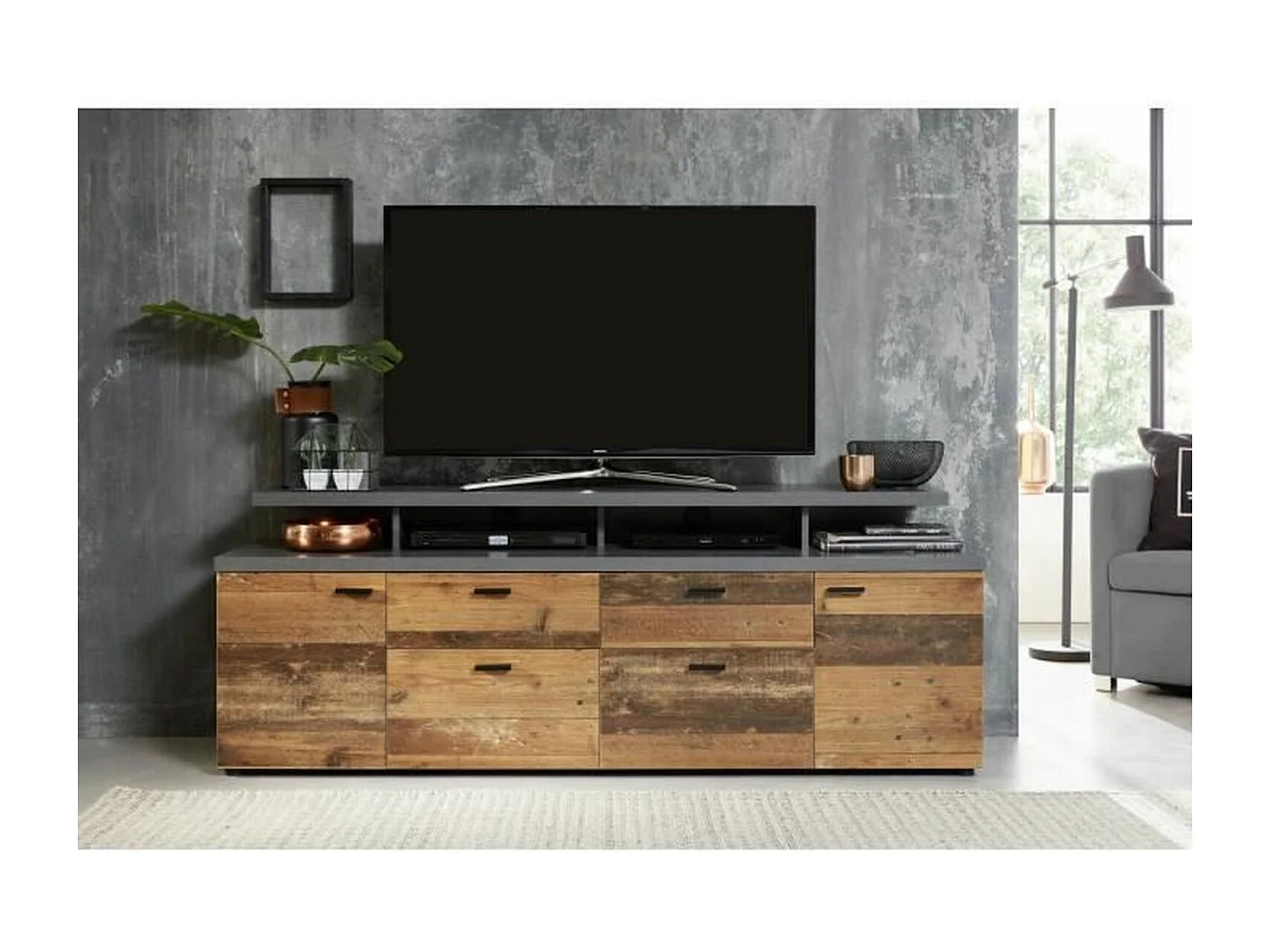 MOOD TVSchrank 2 Türen und 2 Schubladen – Gealtertes Holz und mattgraues Melamin – 180 x 47 x 66 cm