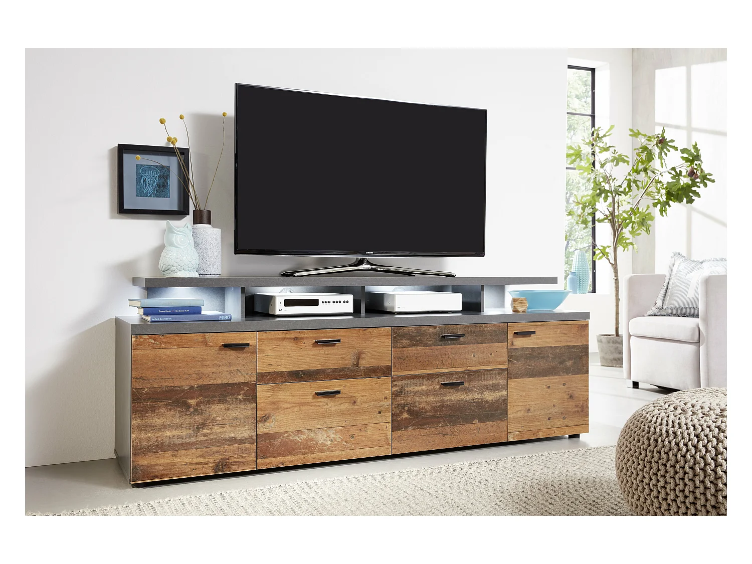 MOOD - Meuble salon/séjour. Meuble TV (max 65") en mélaminé bois et gris mat. L-H-P: 180-66-47 cm