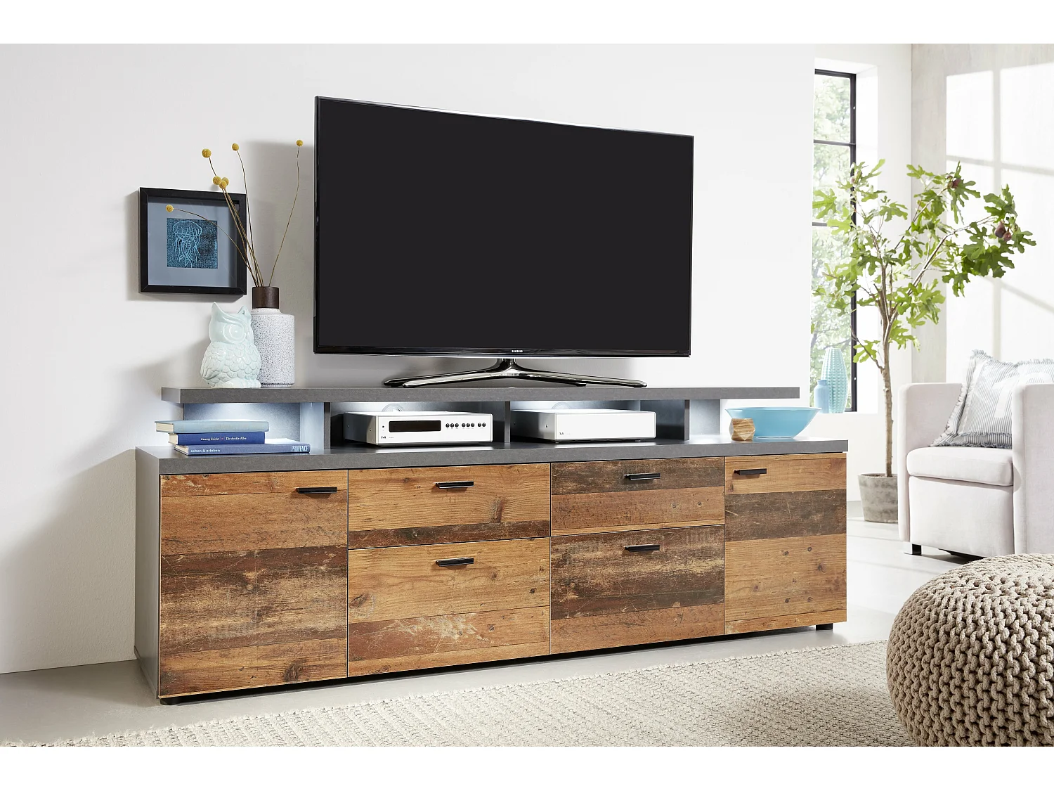 Meuble TV bois effet vieilli et gris mat Kolz 180cm-
