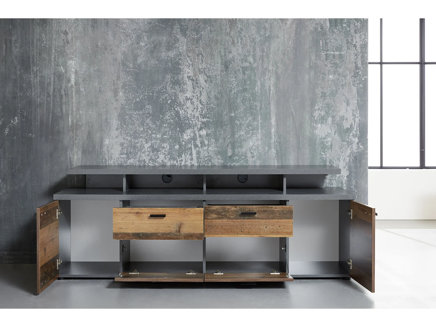 Meuble TV bois effet vieilli et gris mat Kolz 180cm-