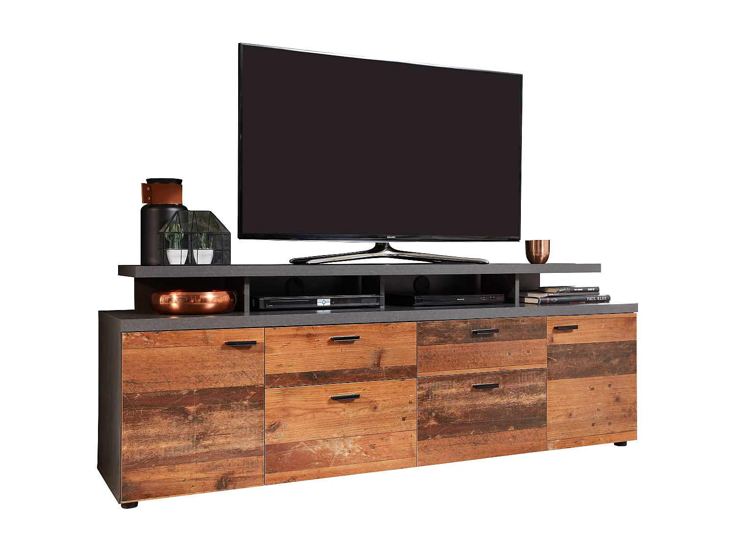 Meuble TV bois effet vieilli et gris mat Kolz 180cm-