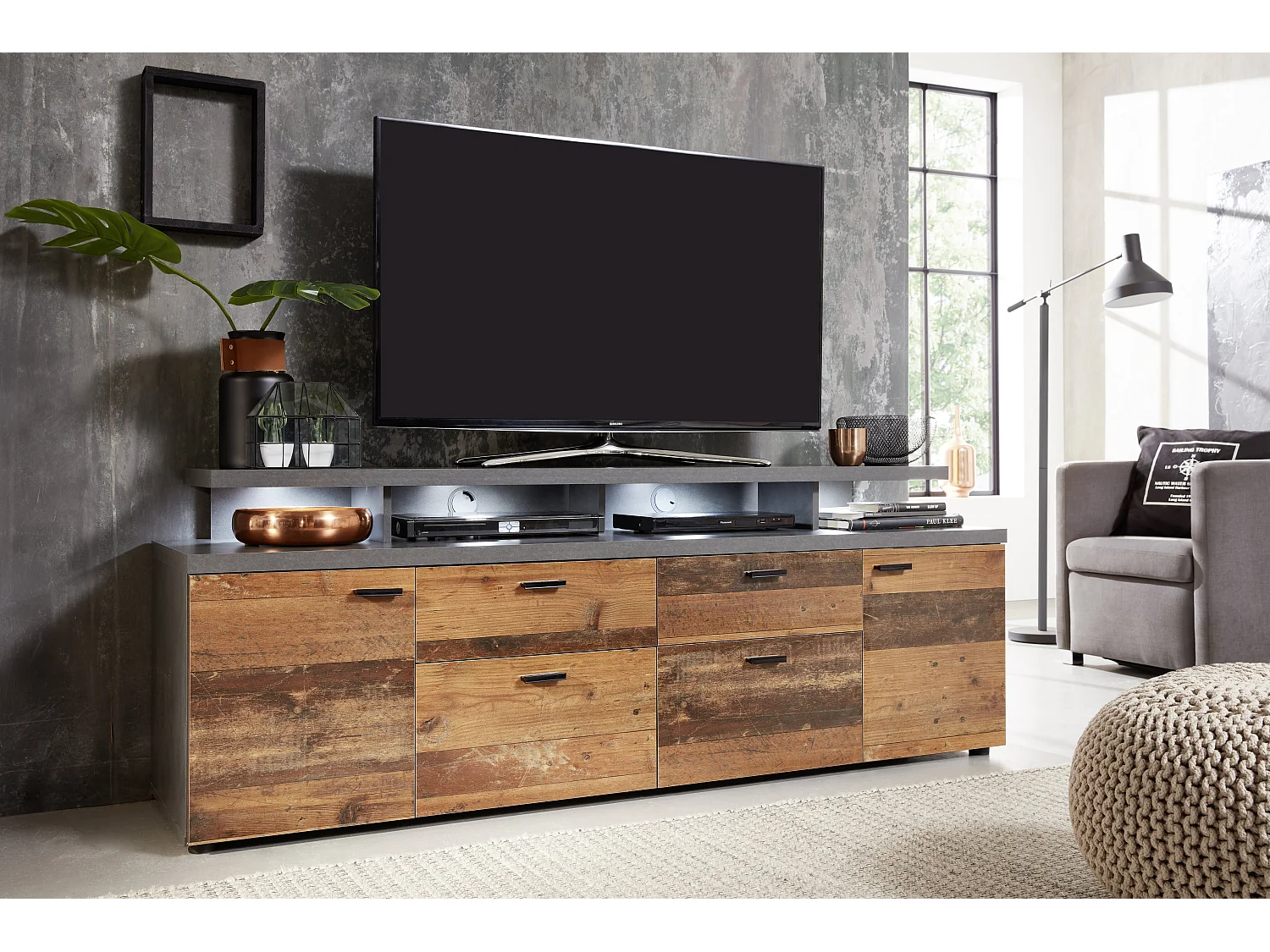 Meuble TV bois effet vieilli et gris mat Kolz 180cm-