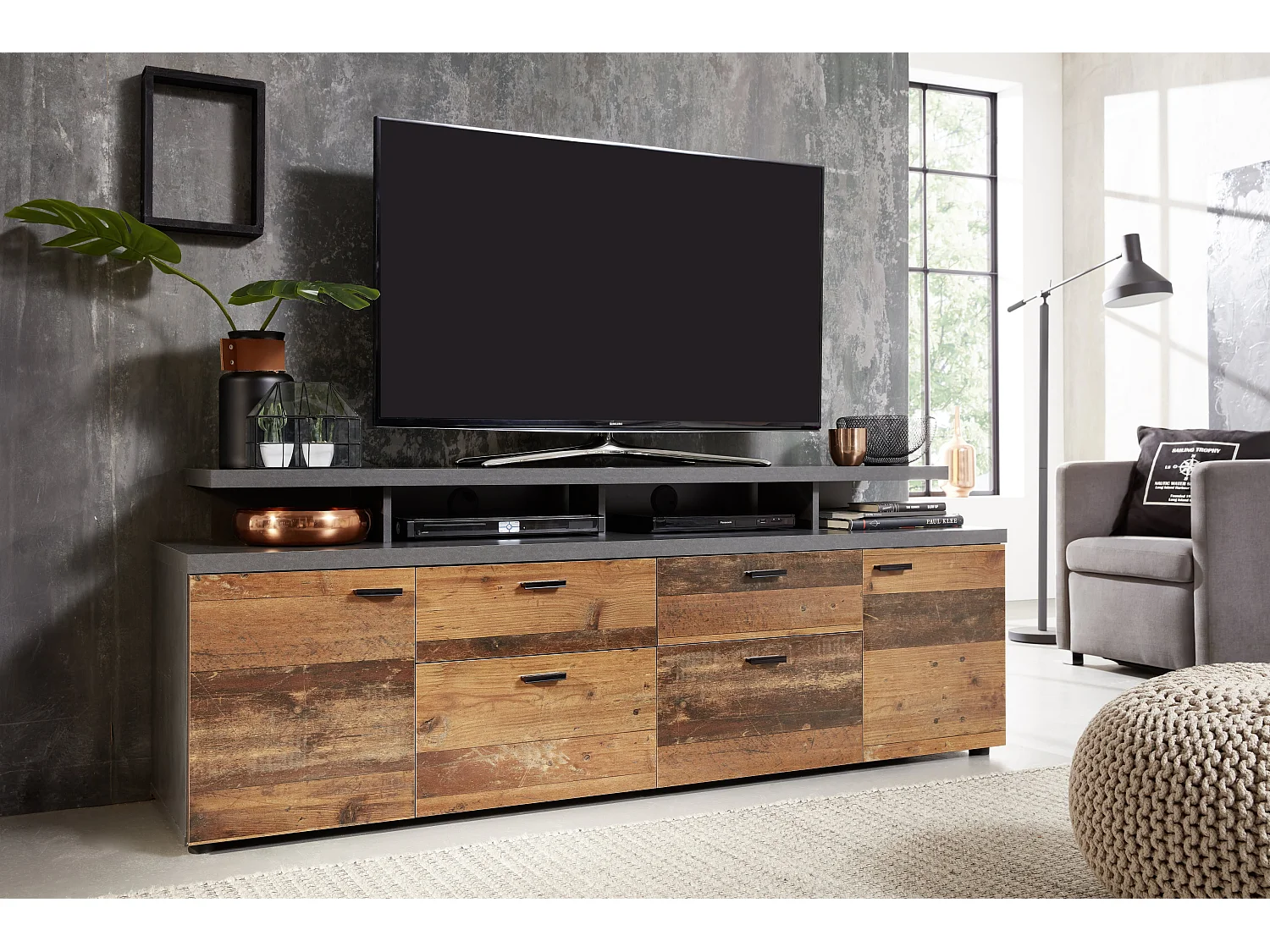 Meuble TV bois effet vieilli et gris mat Kolz 180cm-