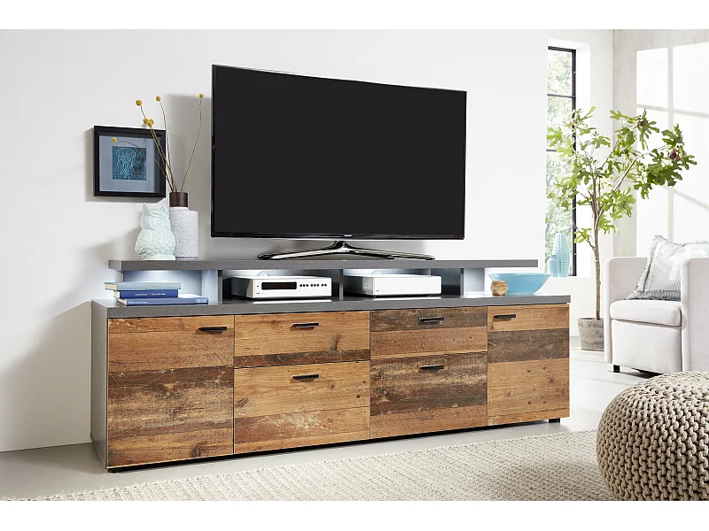 MOOD TV-meubel met 2 deuren en 2 lades - Verouderd hout en matgrijs melamine - 180 x 47 x 66 cm