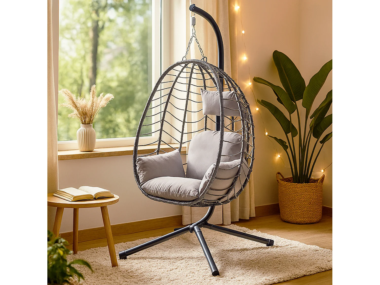 Grijze hangstoel van kunsthars met rotan effect LIMA - Comfortabel en trendy, binnen/buiten, inclusief kussens