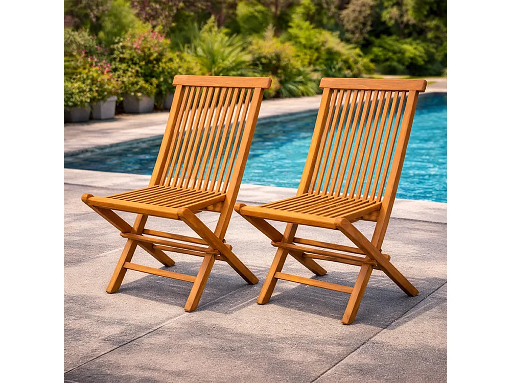 Lot de 2 chaises pliantes jardin teck massif brut TECK