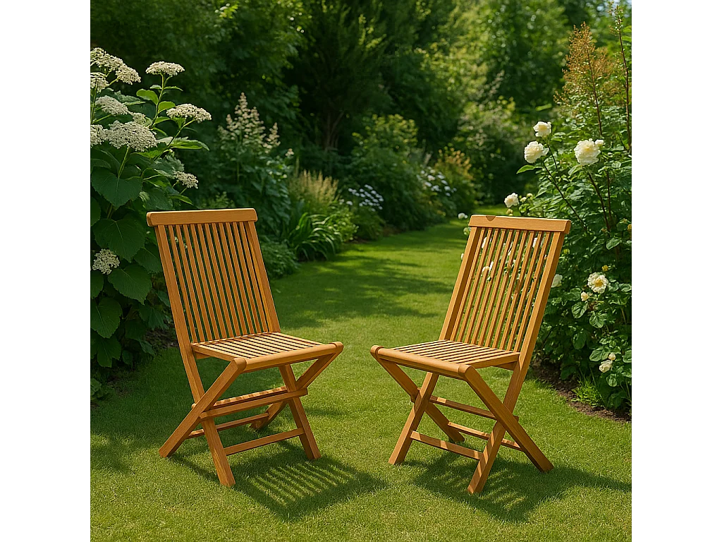 Set di 2 sedie pieghevoli da giardino in Teak Massello Grezzo - Stile Contemporaneo