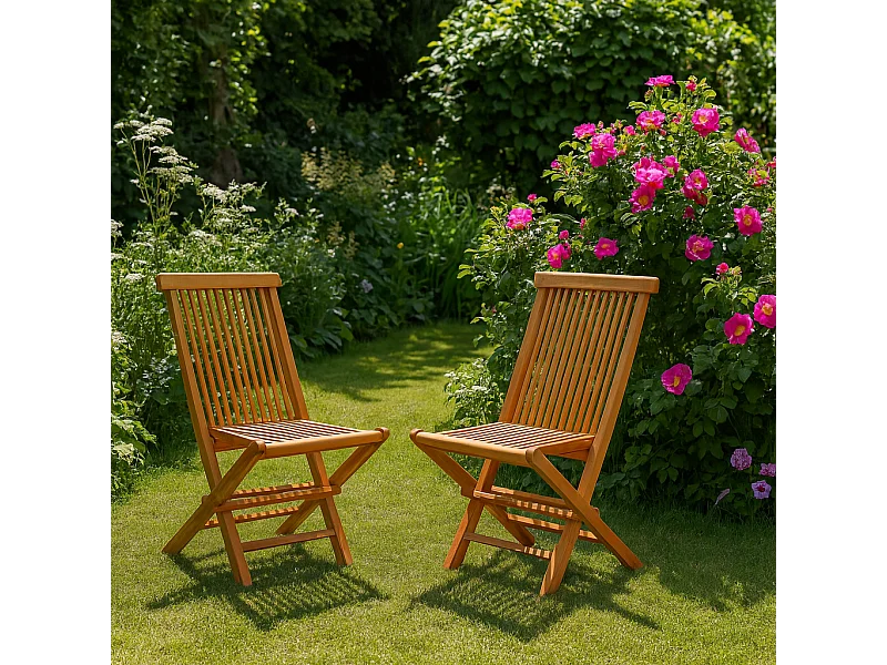 Set di 2 sedie pieghevoli da giardino in Teak Massello Grezzo - Stile Contemporaneo
