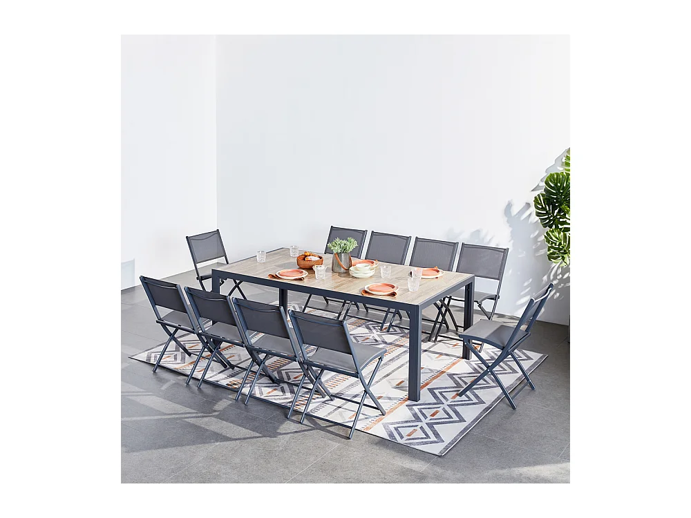 Ensemble table aluminium effet bois et 10 chaises LAGOS