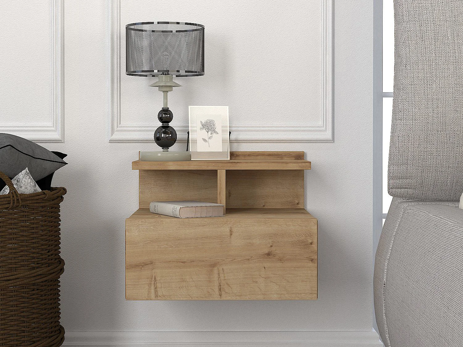 Væghængt natbord - 1 skuffe - Farve: Naturlig - AZELNO