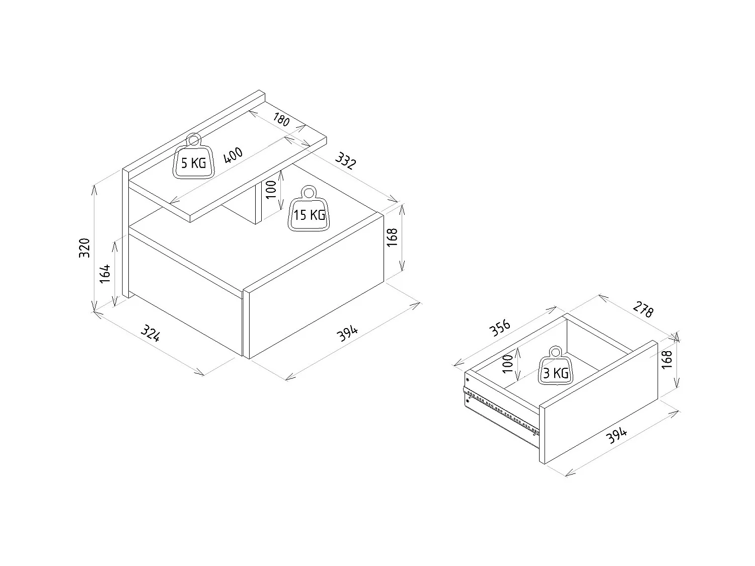 Væghængt natbord - 1 skuffe - Farve: Naturlig - AZELNO