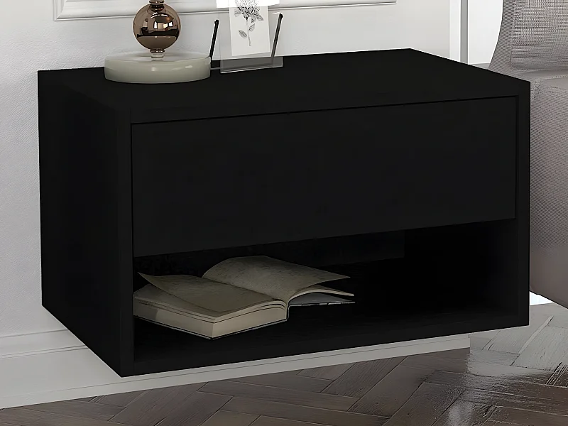 Mesa de noche flotante - 1 cajón y 1 estante - Negro - RITAMI