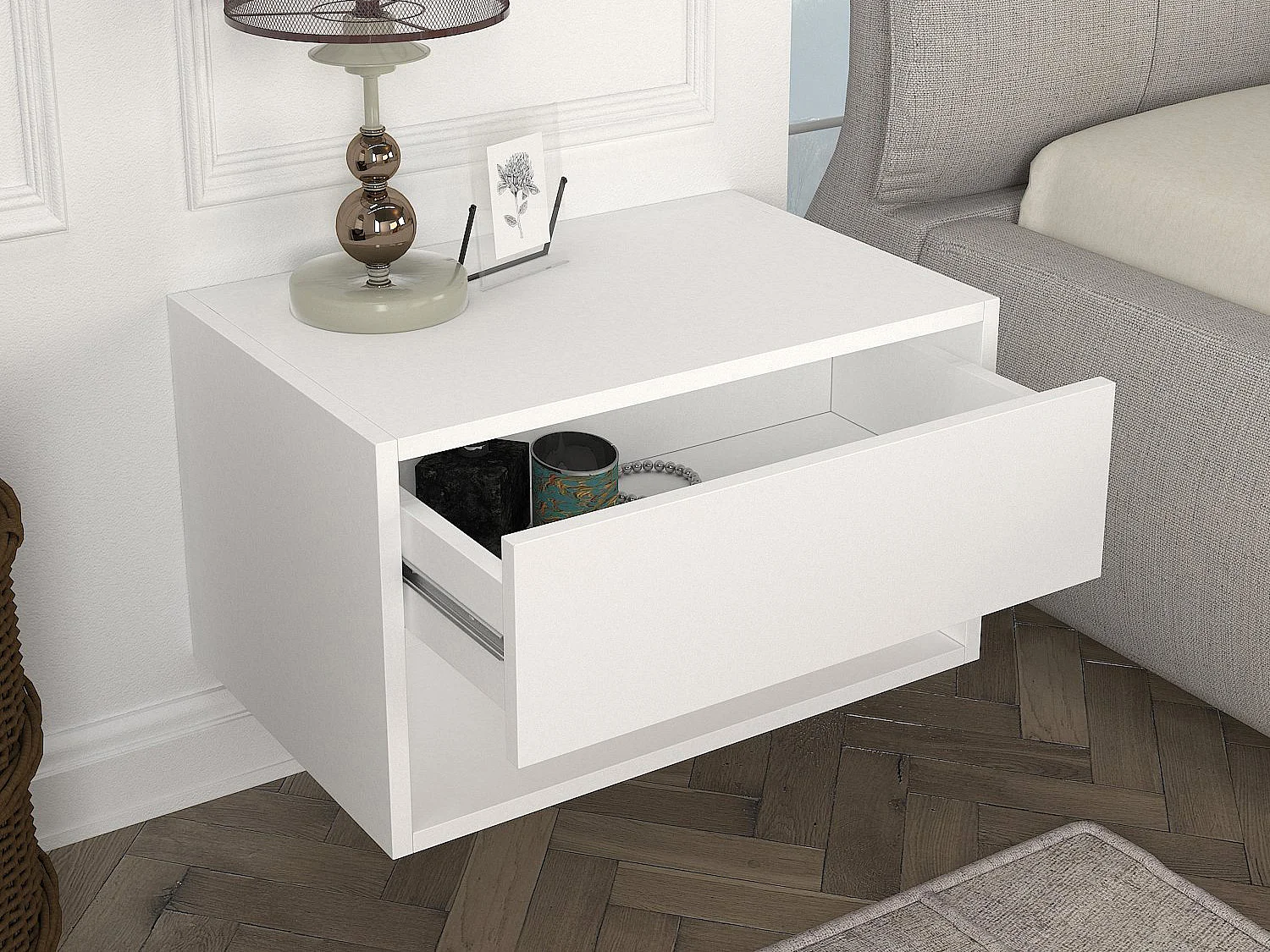 Table de chevet suspendue - 1 tiroir et 1 niche - Blanc - RITAMI