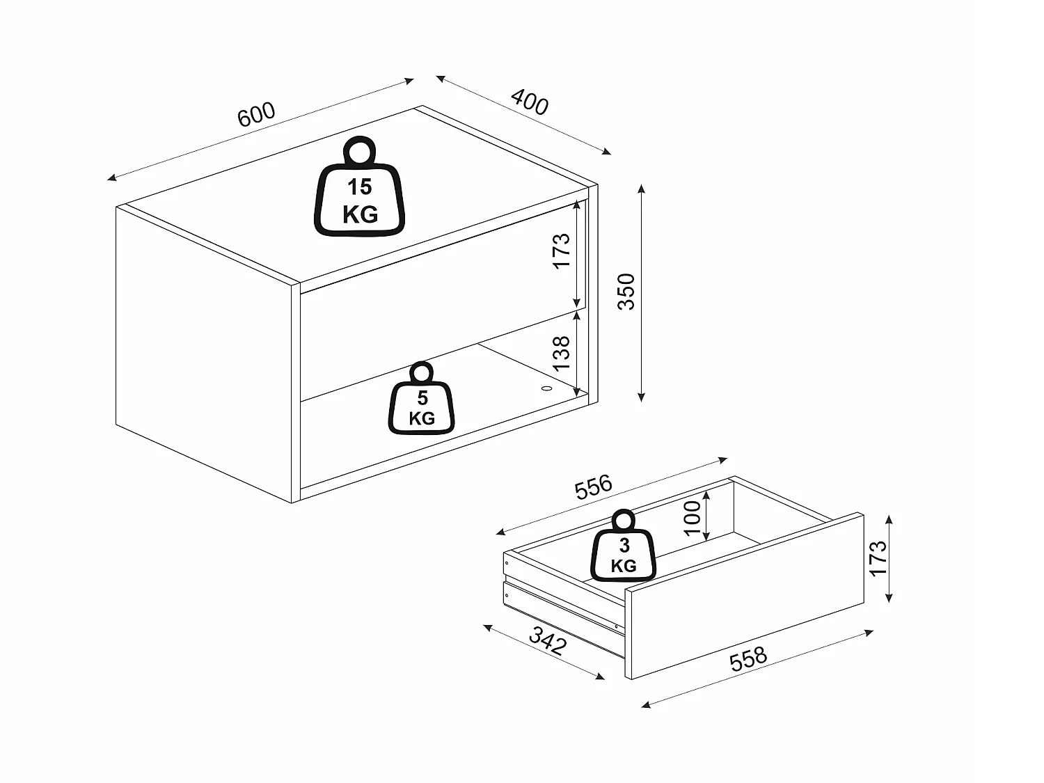 Table de chevet suspendue - 1 tiroir et 1 niche - Blanc - RITAMI