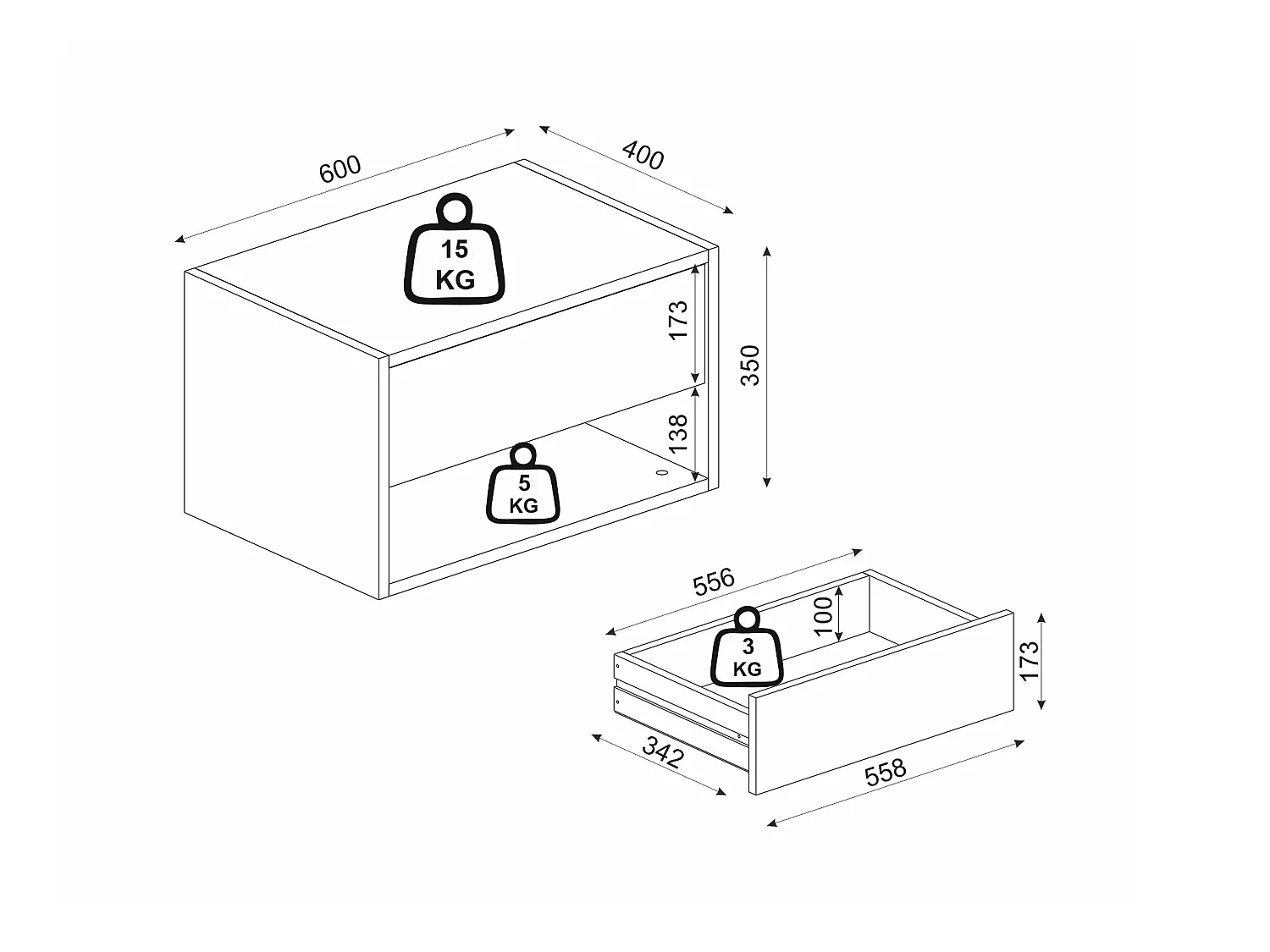 Hængende sengebord - 1 skuffe og 1 niche - Hvid - RITAMI
