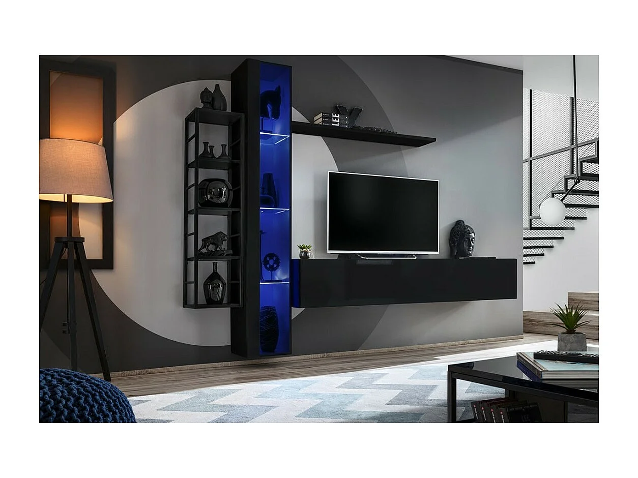 Vitrina colgante negra con 1 puerta de vidrio y iluminación LED incluida. Colección SWITCH.