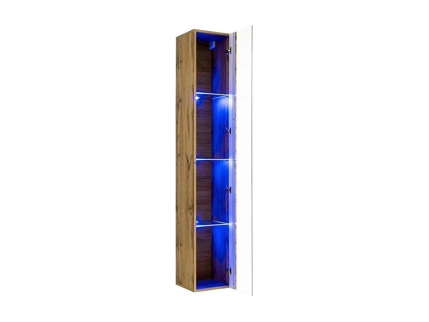 Vitrina suspensa na cor carvalho Wotan com 1 porta de vidro e iluminação LED inclusa. Coleção SWITCH.