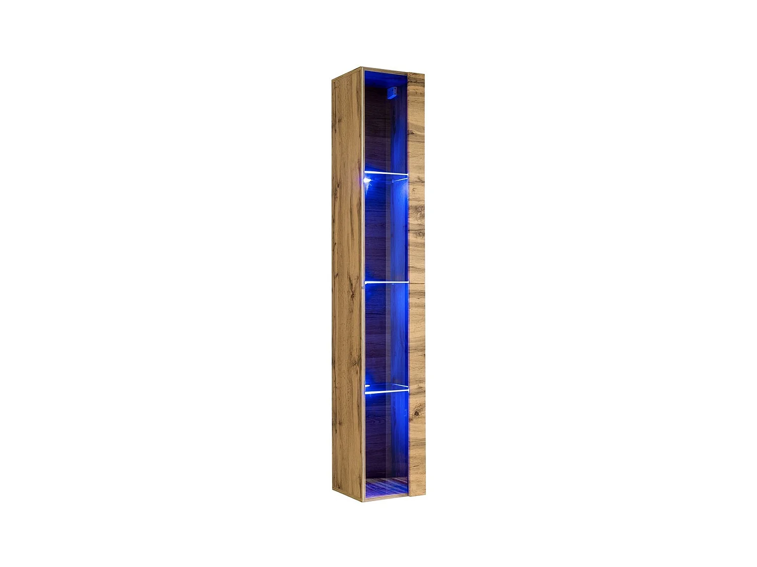 Zwevende vitrinekast in Wotan eikenkleur met 1 glazen deur en inclusief LED-verlichting. Collectie SWITCH.