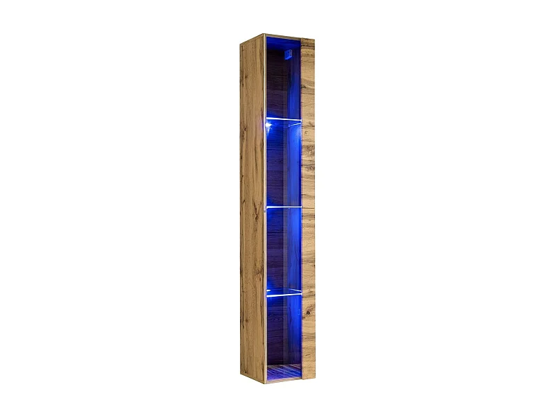 Zwevende vitrinekast in Wotan eikenkleur met 1 glazen deur en inclusief LED-verlichting. Collectie SWITCH.