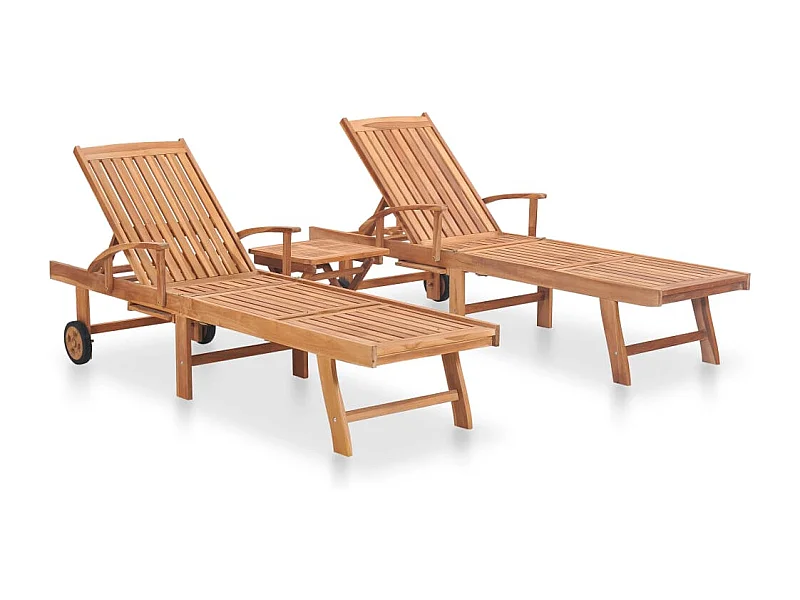 Juego de 2 tumbonas tumbona para tomar el sol cama de jardín terraza muebles de exterior con mesa de madera maciza de teca 02_0012079