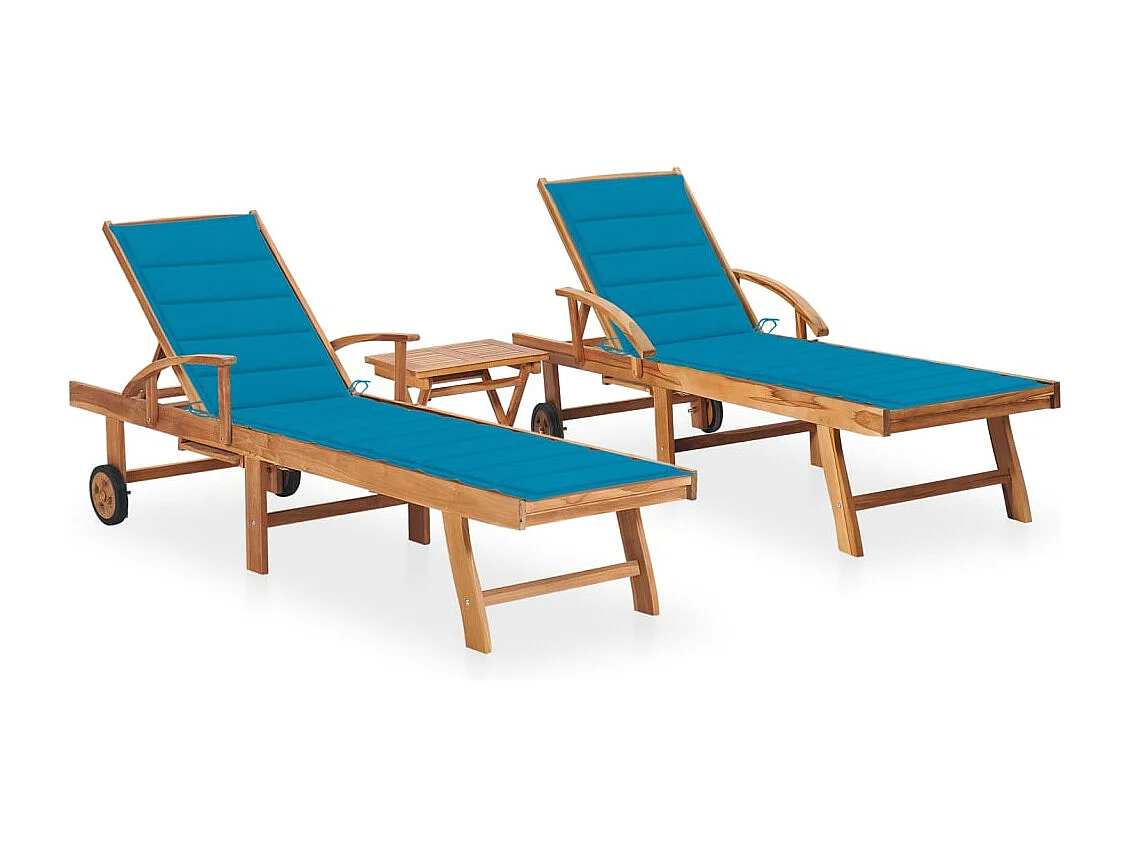 Conjunto de 2 cadeiras de praia espreguiçadeira cama de jardim móveis de terraço para área externa com mesa e almofada madeira maciça de teca 02_0012085