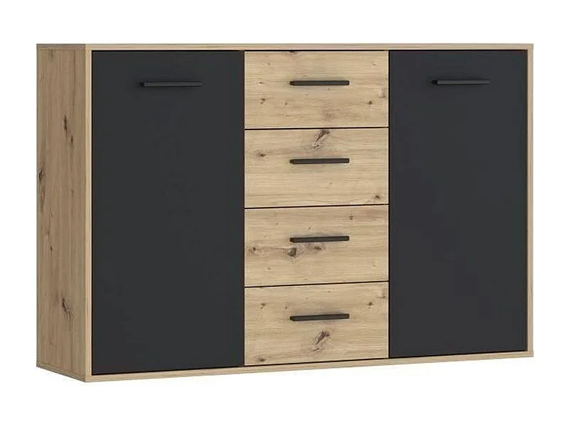 Buffet PILVI - Style contemporain - Particules mélaminé - Décor Chene et noir - 2 portes + 4 tiroirs - L 122,6 x P 34,2