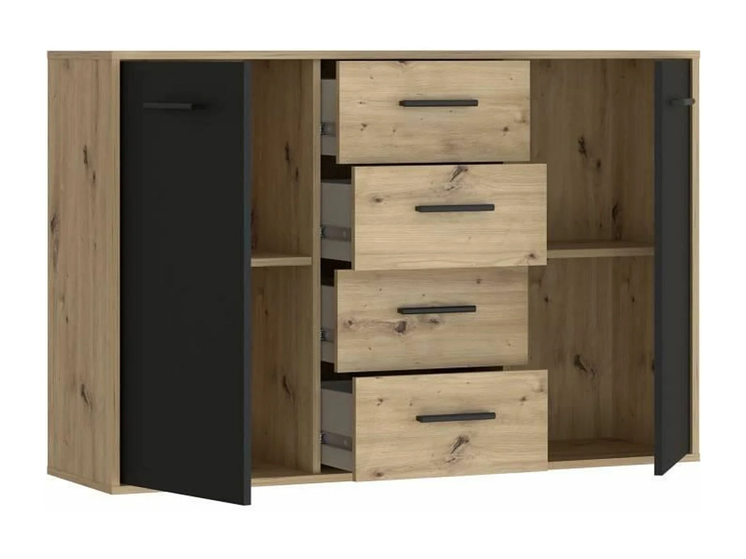 Buffet PILVI - Style contemporain - Particules mélaminé - Décor Chene et noir - 2 portes + 4 tiroirs - L 122,6 x P 34,2