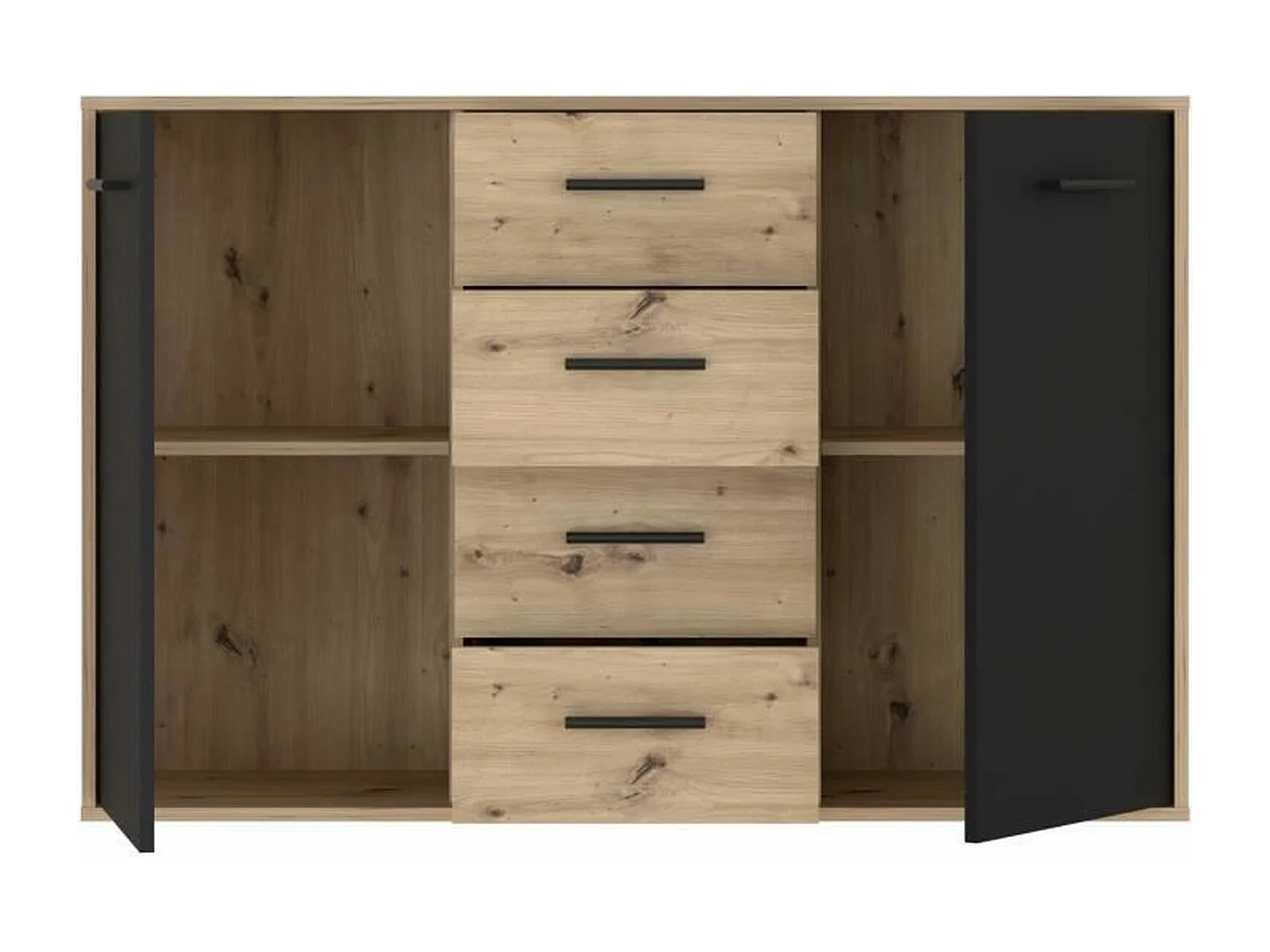 Buffet PILVI - Style contemporain - Particules mélaminé - Décor Chene et noir - 2 portes + 4 tiroirs - L 122,6 x P 34,2