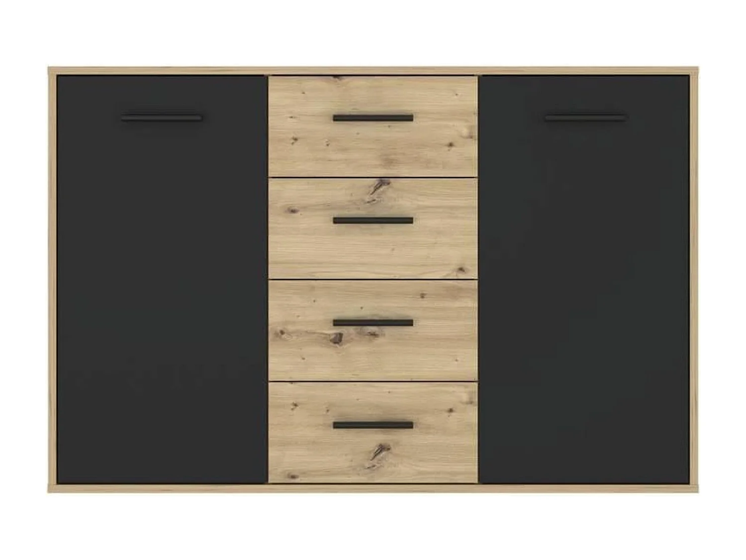 Buffet PILVI - Style contemporain - Particules mélaminé - Décor Chene et noir - 2 portes + 4 tiroirs - L 122,6 x P 34,2