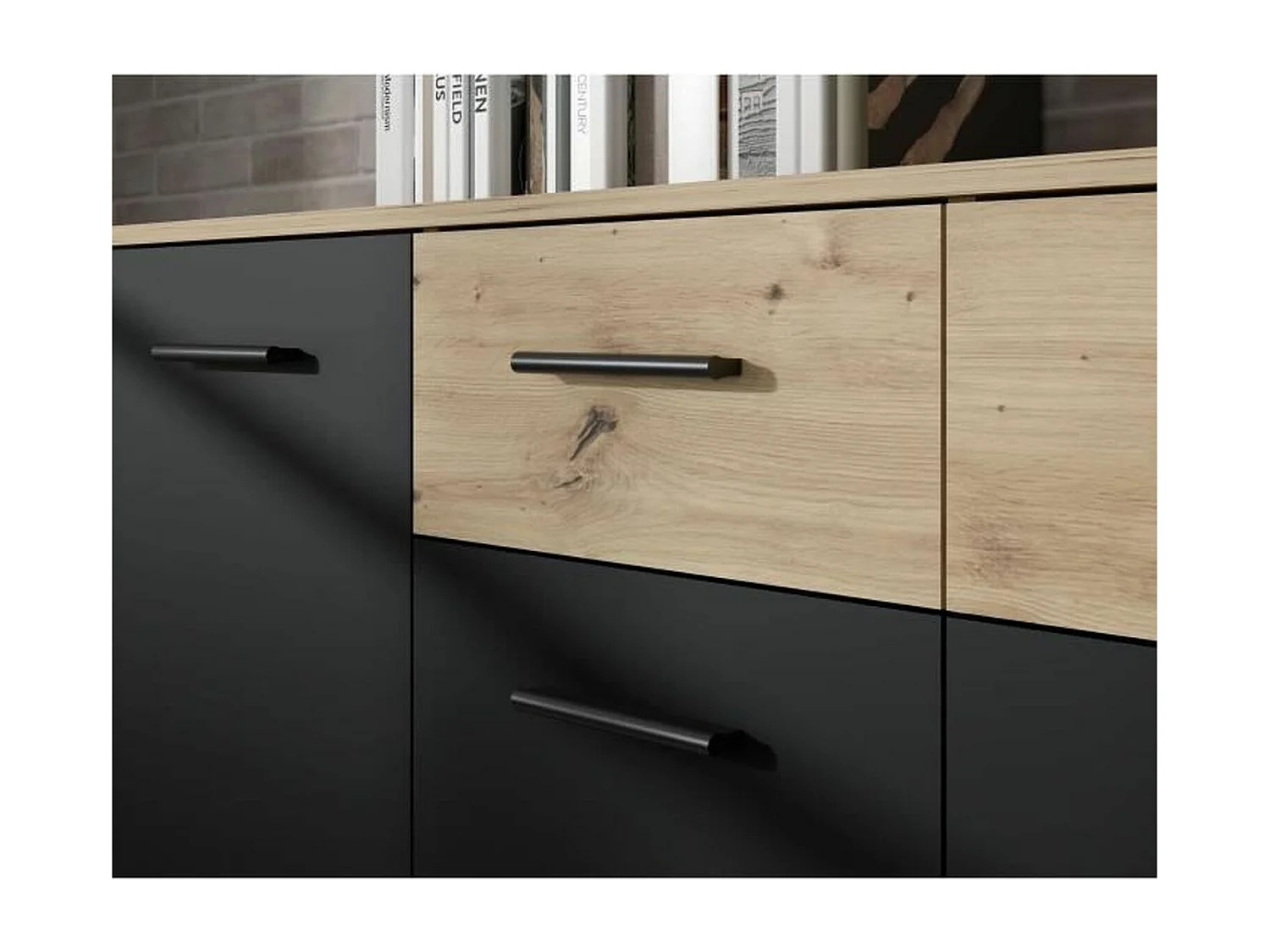 Buffet PILVI - Style contemporain - Particules mélaminé - Décor Chene et noir - 2 portes + 4 tiroirs - L 122,6 x P 34,2