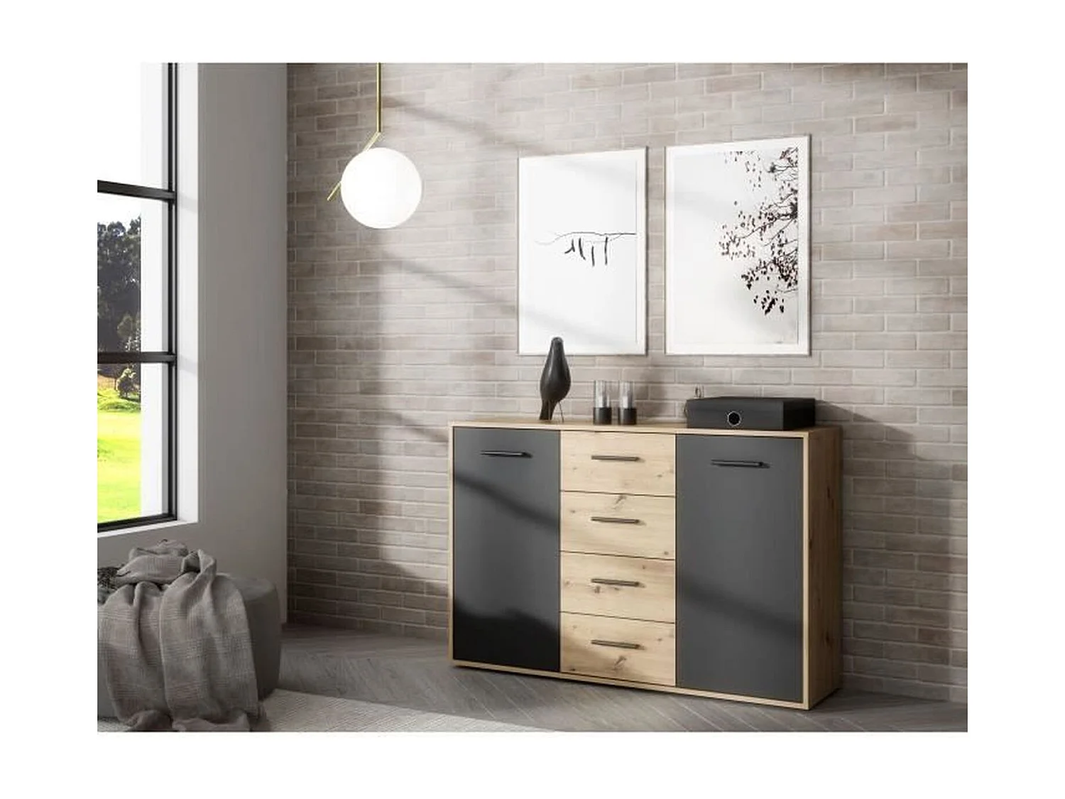 Buffet PILVI - Style contemporain - Particules mélaminé - Décor Chene et noir - 2 portes + 4 tiroirs - L 122,6 x P 34,2
