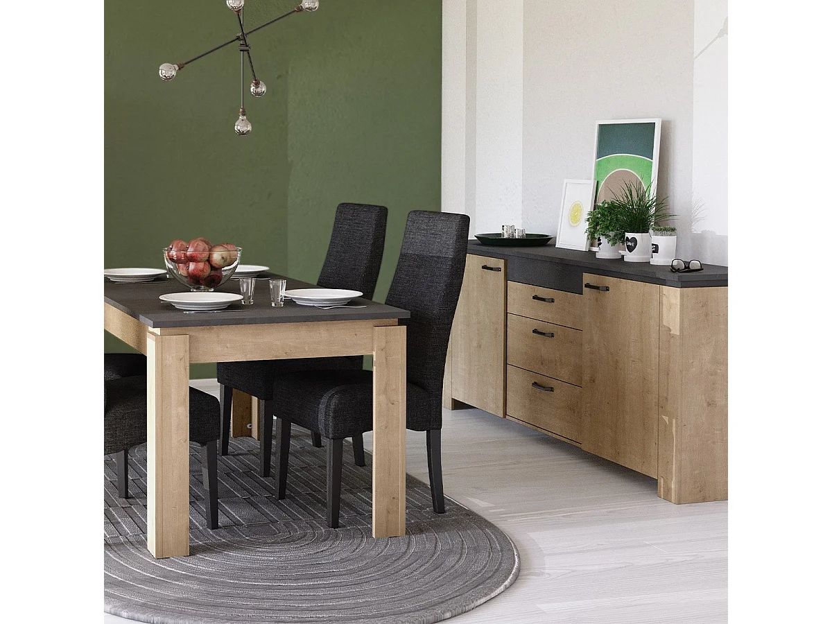 Buffet 2 portes 3 tiroirs décor chêne et gris anthracite Austin - L203,80 cm