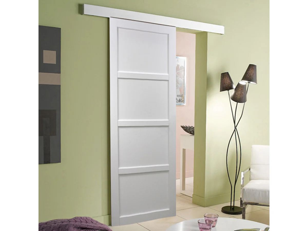 Porte Coulissante Tamera blanc 4 panneaux H204 x L83 + Rail Alu bandeau blanc