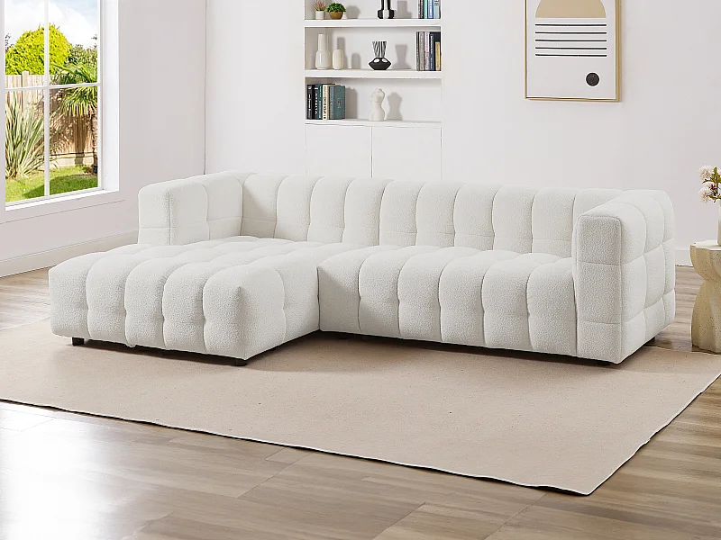 Canapé d'angle gauche en tissu bouclette blanc ivoire LERICI de Pascal Morabito