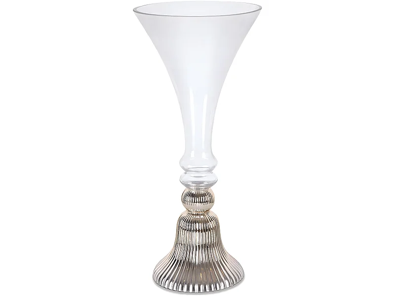 Jarrón alto de 53cm de cristal con pie talla en líneas dorado ronda