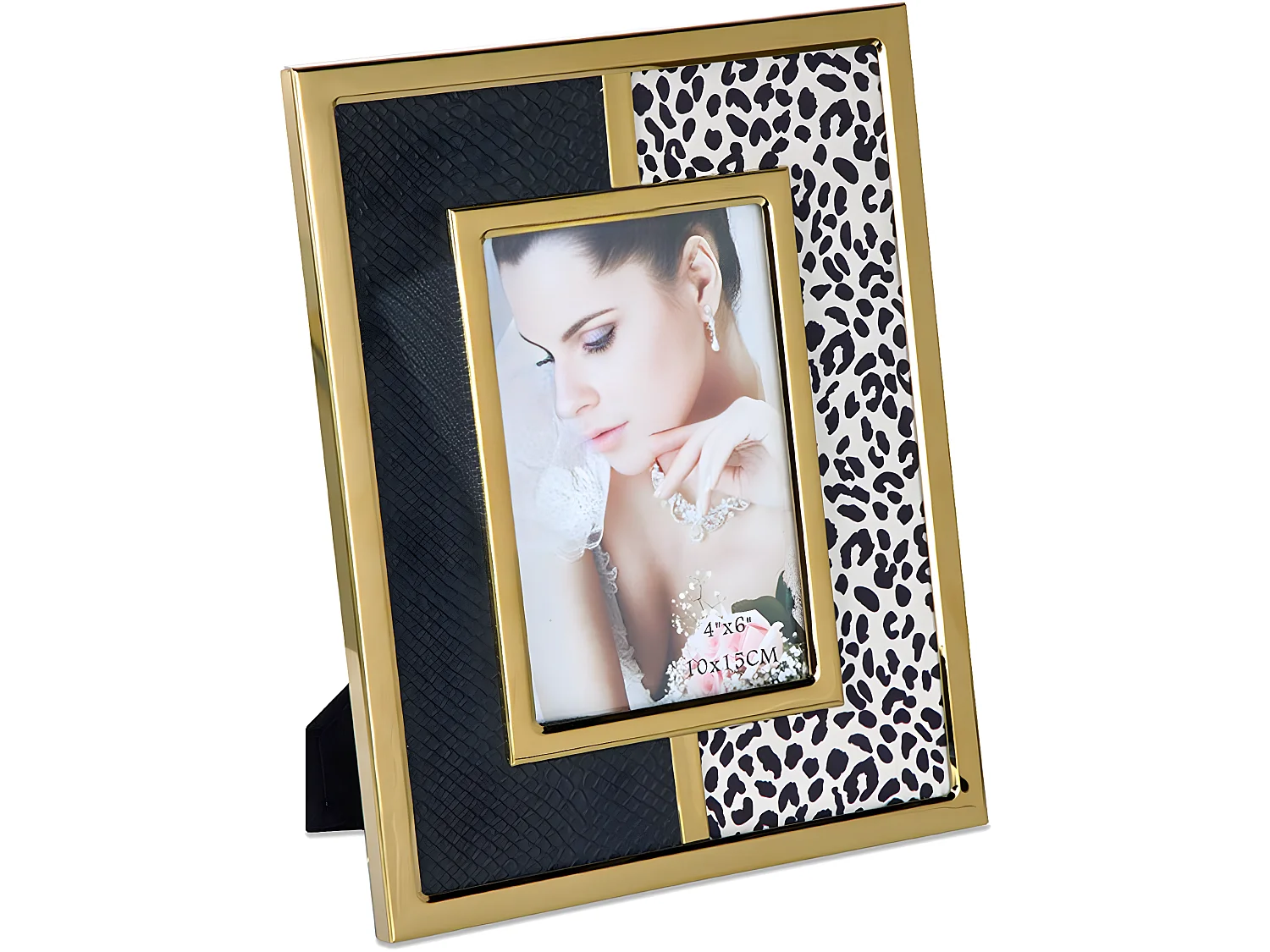 Portafoto 10*15 pu negro y leopardo metal dorado sintra