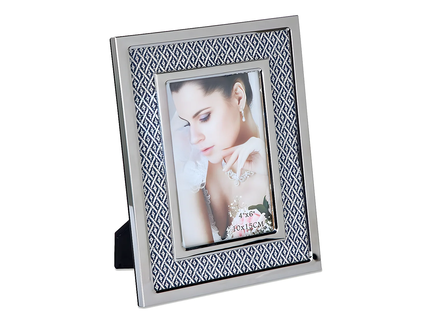 Portafoto 10*15 tela rombos gris y blanco metal plateado sintra